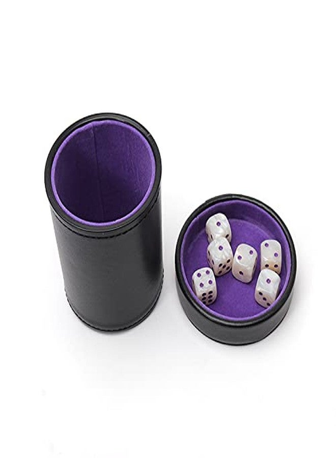 Luck Lab Leather Dice Cup with Lid Including 6 Matching White Pearl and Purple Dice - Purple Velvet Interior for Quiet Shaking - Use for Liars Dice Farkle Yahtzee Board Games, Black - Image 3