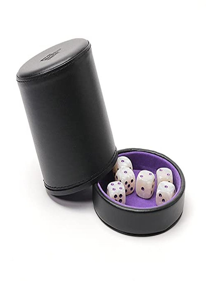 Luck Lab Leather Dice Cup with Lid Including 6 Matching White Pearl and Purple Dice - Purple Velvet Interior for Quiet Shaking - Use for Liars Dice Farkle Yahtzee Board Games, Black - Image 2