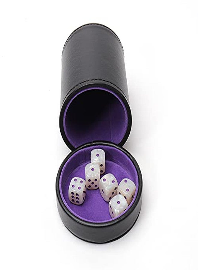 Luck Lab Leather Dice Cup with Lid Including 6 Matching White Pearl and Purple Dice - Purple Velvet Interior for Quiet Shaking - Use for Liars Dice Farkle Yahtzee Board Games, Black - Image 4