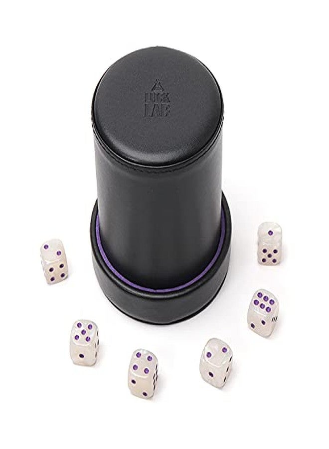 Luck Lab Leather Dice Cup with Lid Including 6 Matching White Pearl and Purple Dice - Purple Velvet Interior for Quiet Shaking - Use for Liars Dice Farkle Yahtzee Board Games, Black - Image 5