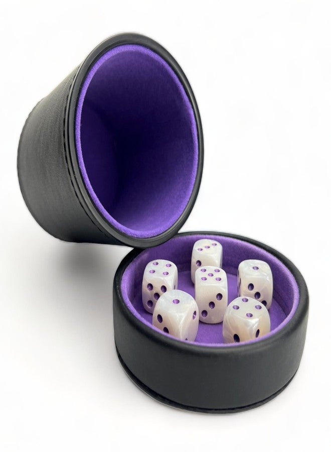 Luck Lab Leather Dice Cup with Lid Including 6 Matching White Pearl and Purple Dice - Purple Velvet Interior for Quiet Shaking - Use for Liars Dice Farkle Yahtzee Board Games, Black - Image 1