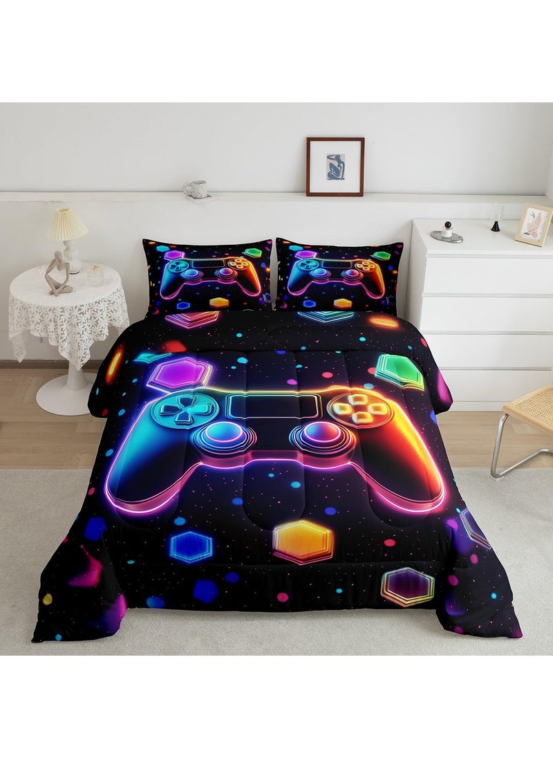 Castle Fairy Twin Gamepad Bedding Set Kids Comforter Sets Boys Gamer Gaming Themed Bedding Comforter Sets Cool Game Geometric Hexagon Quilt Sets for Boys Adult Video Games Duvet Insert with 1 Pillowcase  - Image 1