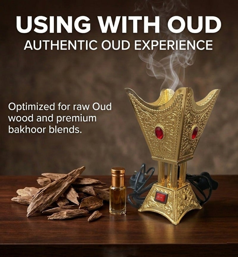 GOOAS Luxury Hexagonal Electric Incense Burner Oud Mabkhara with Safety On/ Off Switch and Power Indicator Light for Home, Office and celebrations Decor - Gold - Image 3