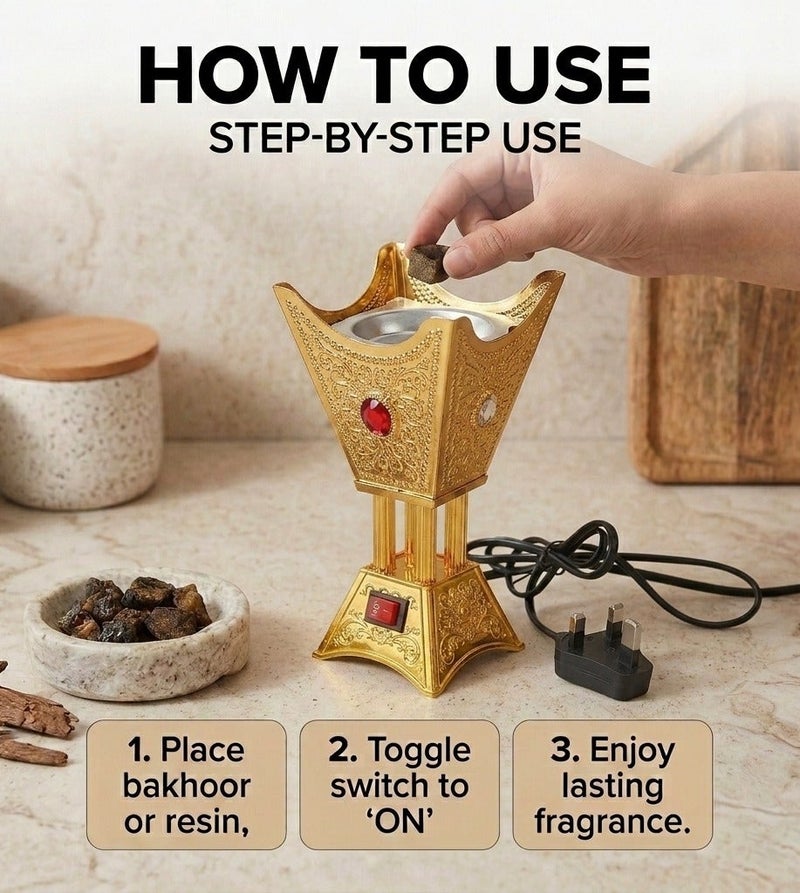GOOAS Luxury Hexagonal Electric Incense Burner Oud Mabkhara with Safety On/ Off Switch and Power Indicator Light for Home, Office and celebrations Decor - Gold - Image 4