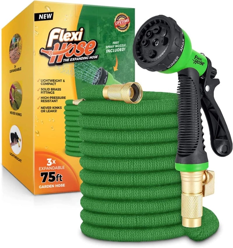 Flexi Hose with 8 Function Nozzle, 75FT - Lightweight Expandable Garden Hose, No-Kink Flexibility, 3/4 Inch Solid Brass Fittings and Double Latex Core - Green - Image 1