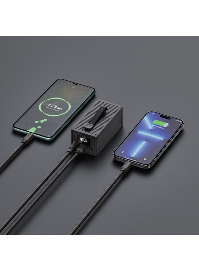 GREEN LION 10000mAh Power Bank PD 20W, Container Power Unit with 4 in 1 Charging Cable / Built In Carry Strap & Flashlight / Geometric Design / Digital Display / ABS Material - Black - Image 2