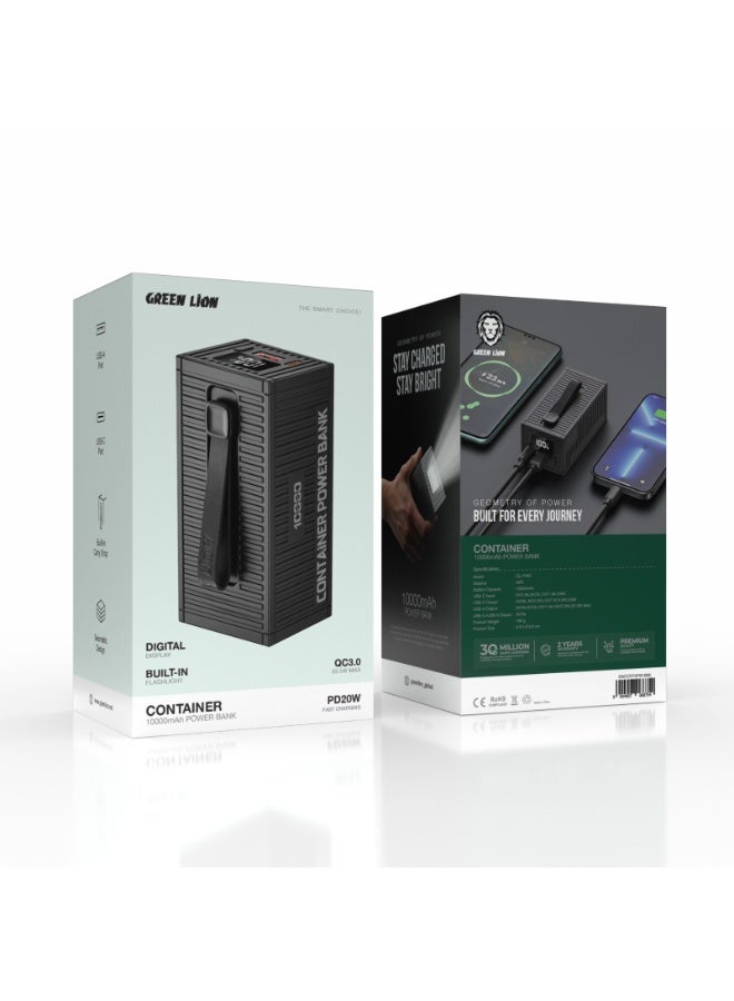 GREEN LION 10000mAh Power Bank PD 20W, Container Power Unit with 4 in 1 Charging Cable / Built In Carry Strap & Flashlight / Geometric Design / Digital Display / ABS Material - Black - Image 4