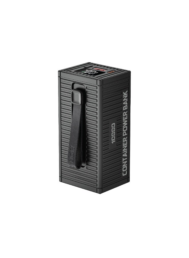 10000mAh Power Bank PD 20W, Container Power Unit with 4 in 1 Charging Cable / Built In Carry Strap & Flashlight / Geometric Design / Digital Display / ABS Material - Black