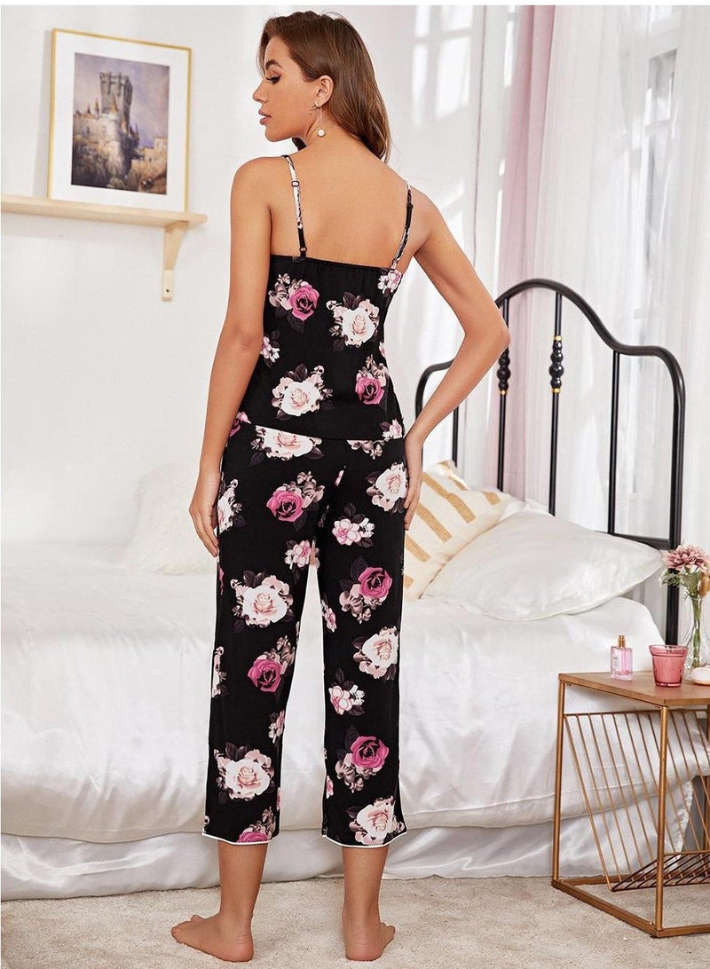 Loquat Women's Floral Print 2-Piece Set Pajamas Camisole Top And Pants Soft Loungewear Nightgown Suit Leisure Wear - Image 3