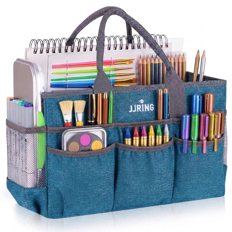 JJRING Large Art Supply Storage Tote Bag With 2 Mesh Side Pockets Front Elastic Pockets Sturdy Craft Organizer Caddy with Reinforced Bottom For Sewing Scrapbooking Teachers ArtistsGreen - Image 2