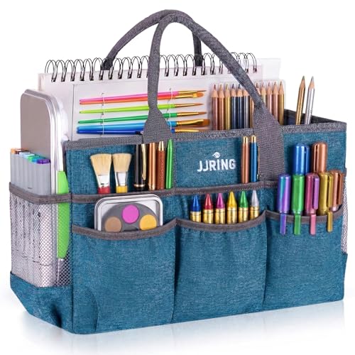 JJRING Large Art Supply Storage Tote Bag With 2 Mesh Side Pockets Front Elastic Pockets Sturdy Craft Organizer Caddy with Reinforced Bottom For Sewing Scrapbooking Teachers ArtistsGreen - Image 1