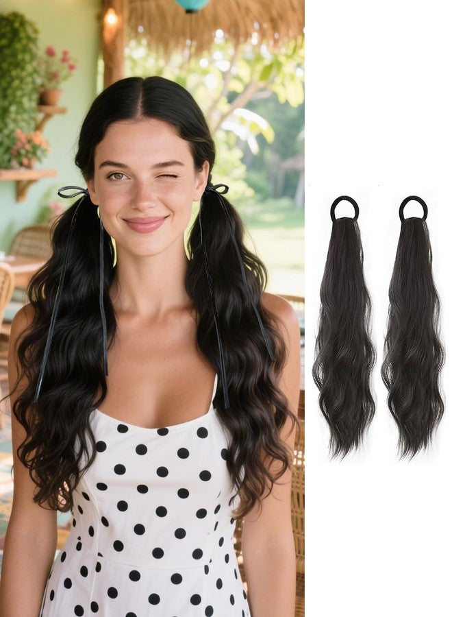 WZNBBOY 2PCS Curly Ponytail Extension with Elastic Tie 17 Inch Natural Wavy Hairpiece Synthetic Pony Tail Hair Extensions Wave Fake Ponytail Hairpieces for Women Daily Wear - Image 1