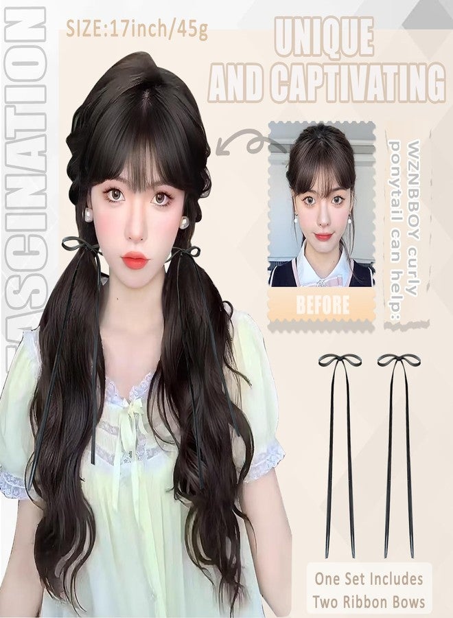 WZNBBOY 2PCS Curly Ponytail Extension with Elastic Tie 17 Inch Natural Wavy Hairpiece Synthetic Pony Tail Hair Extensions Wave Fake Ponytail Hairpieces for Women Daily Wear - Image 2