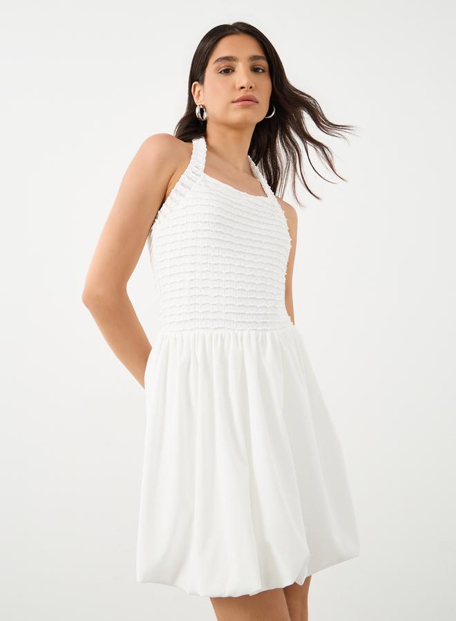 Take Two Textured Balloon Hem Halter Neck Mini Dress - Image 3