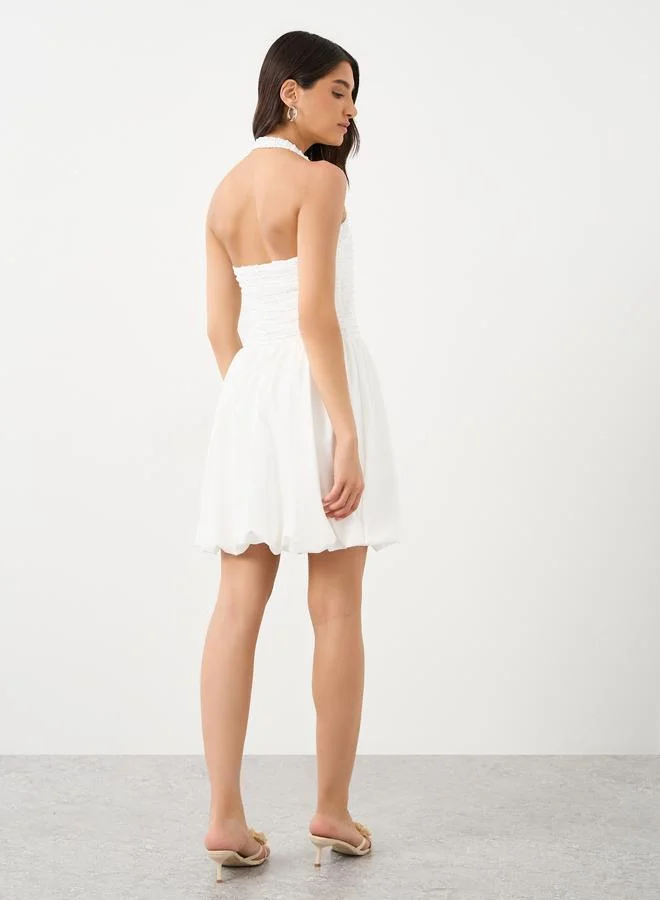 Take Two Take Two Textured Balloon Hem Halter Neck Mini Dress