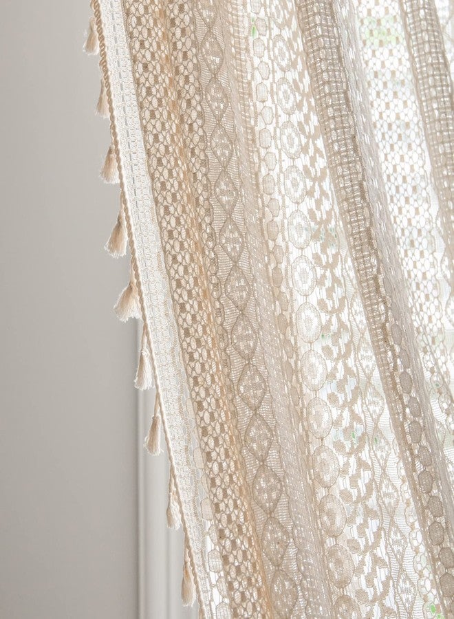 Sutuo Home ستارة Sutuo Home Boho من الدانتيل الكروشيه شبه الشفاف، بتصميم بوهيمي مجوف محبوك يدويًا مع شرابات، مزودة بجيب للعمود، مناسبة لغرف المعيشة والنوم، لوحة واحدة، عرض 59 بوصة × طول 72 بوصة، لون بيج - Image 2