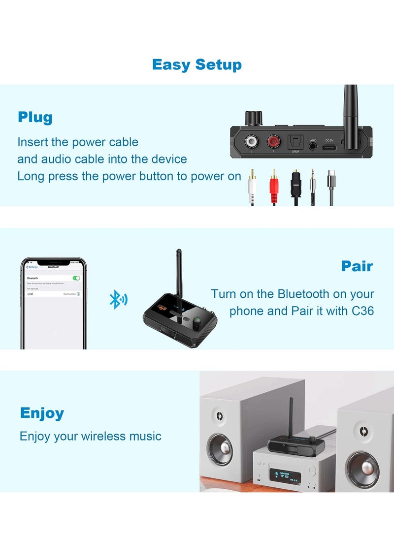 Bluetooth 5.1 Audio Adapter for TV and Home Stereo Wireless Low Latency RCA AUX 3.5mm Audio Transmitter and Receiver