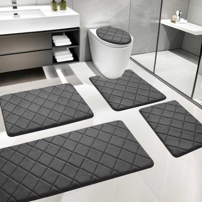 BATHROOM RUGS SET 5 PIECE SOFT NON SLIP MEMORY FOAM BATHROOM RUGS MACHINE WASH GREY BATH ROOM MAT SET WATER ABSORBENT BATH RUG FOR TOILET AND FLOORDARK GREY