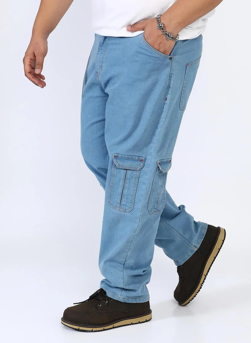 Instafab Plus Men's Light Blue Straight Cargo Denim Jeans