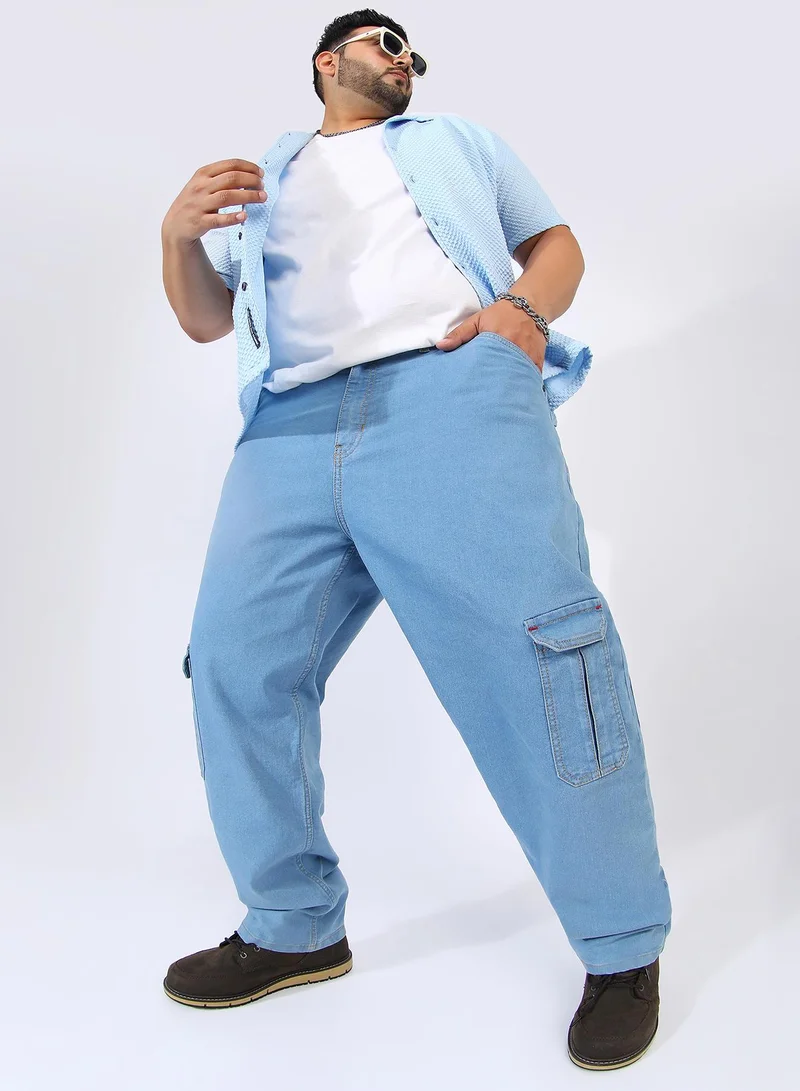 Instafab Plus Men's Light Blue Straight Cargo Denim Jeans