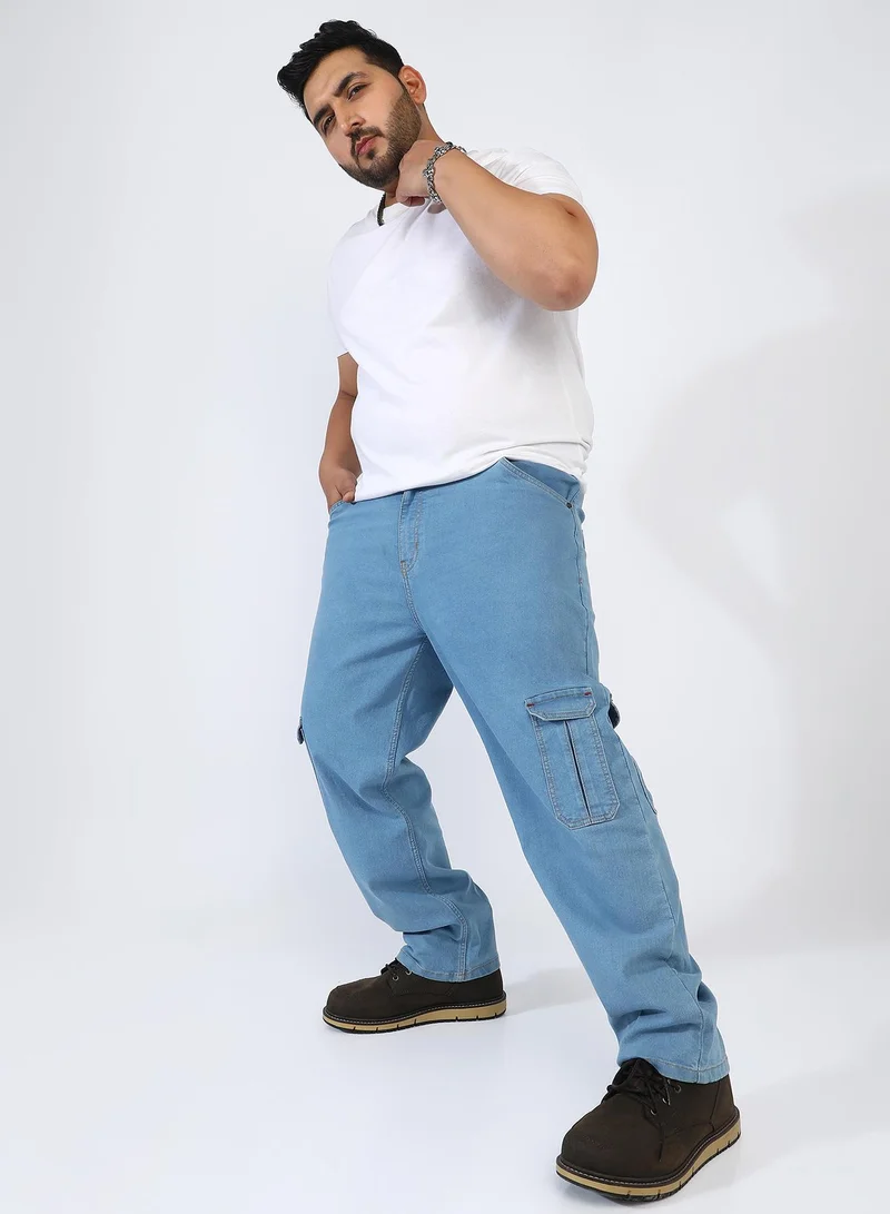 Instafab Plus Men's Light Blue Straight Cargo Denim Jeans