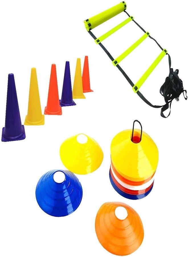 YMD Combo of Plastic Flat Adjustable Speed Agility 4m Ladder with 10 Rungs, 12-Pieces 6-inch Marker Cone and 20 Saucer Cones Speed Ladder (Multicolor) - Image 1