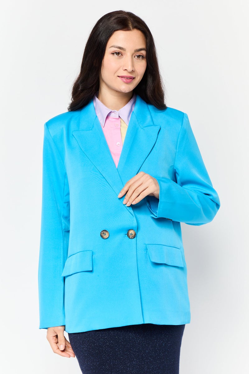 Naanaa Women Petite Plain Semi Formal  Blazer, Blue  - Image 1