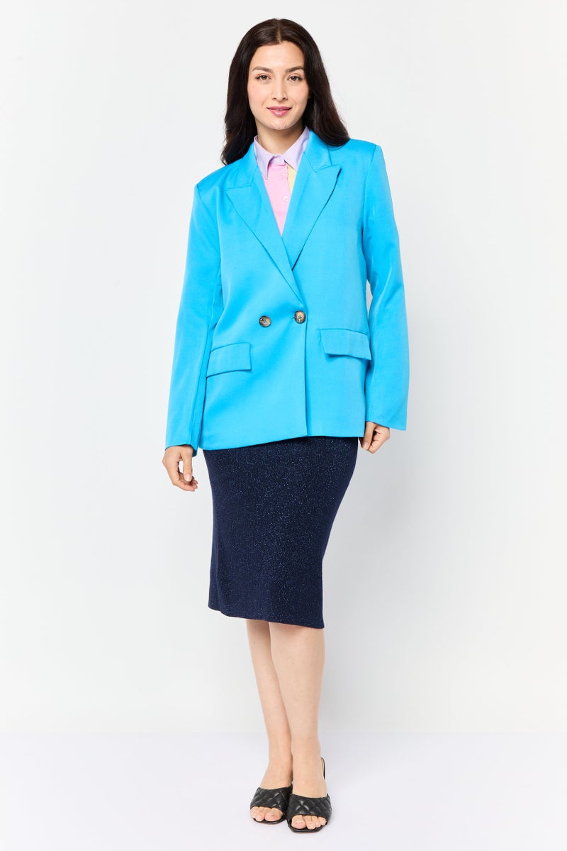 Naanaa Women Petite Plain Semi Formal  Blazer, Blue  - Image 3
