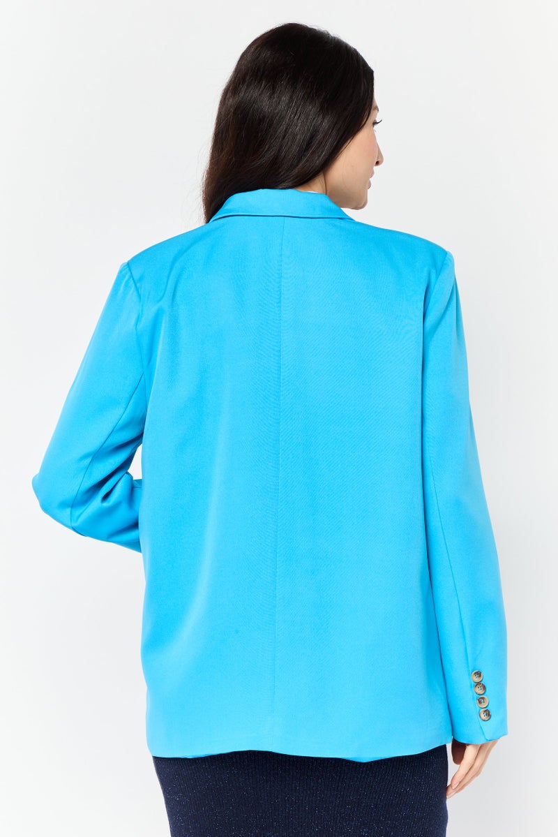 Naanaa Women Petite Plain Semi Formal  Blazer, Blue  - Image 4