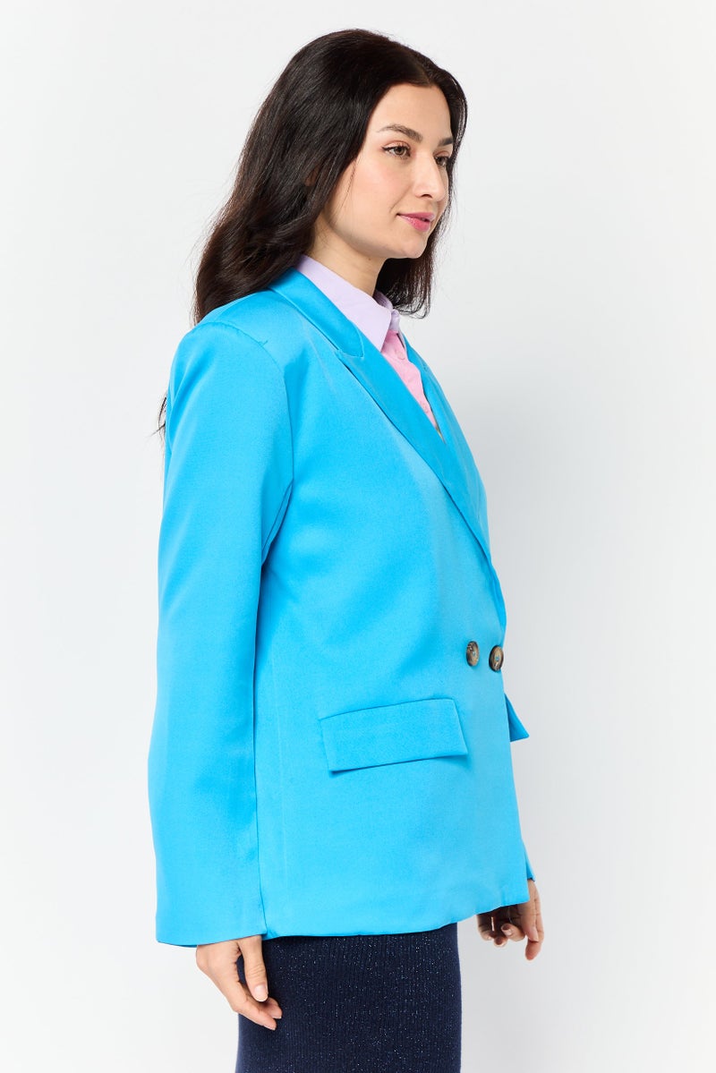 Naanaa Women Petite Plain Semi Formal  Blazer, Blue  - Image 2