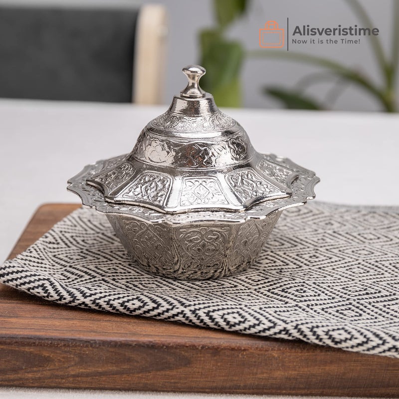Alisveristime Coated Handmade Brass Sugar Chocolate Candy Bowl Serving Dish with Lid Salt Bowl Salt Container Sugar Holder for Coffee Bar Silver - Image 3