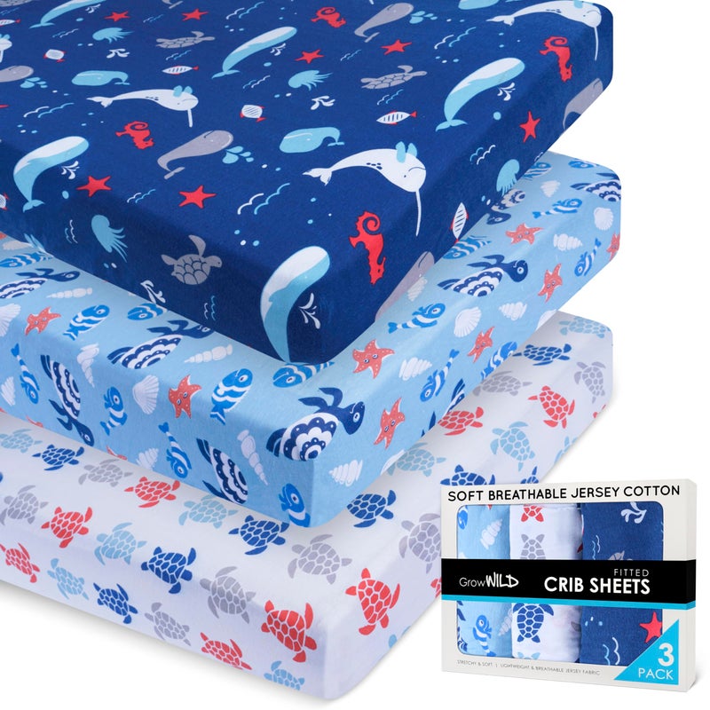 GROW WILD Blue Ocean Baby Crib Sheets for Boys 3 Pack  Jersey Knit Fitted Sheet 52 x 28 Toddler Bedding Set  Baby Boy Crib Bedding Set Turtles and Sea Animals Theme