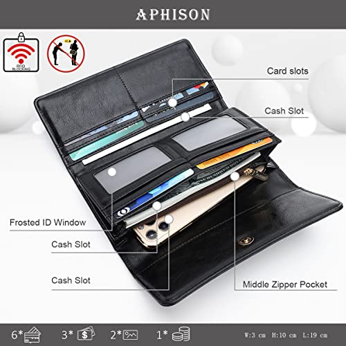 APHISON Ladies Soft PU Leather Long Wallet Trifold Clutch Purse Credit Card Holder Case for Women With Gift Box 2214 (BLACK) - Image 2