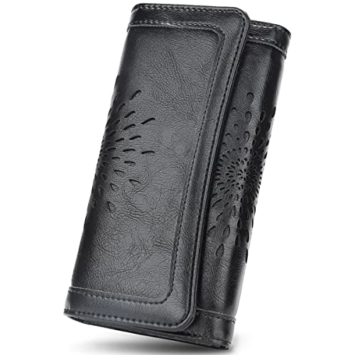 APHISON Ladies Soft PU Leather Long Wallet Trifold Clutch Purse Credit Card Holder Case for Women With Gift Box 2214 (BLACK) - Image 1