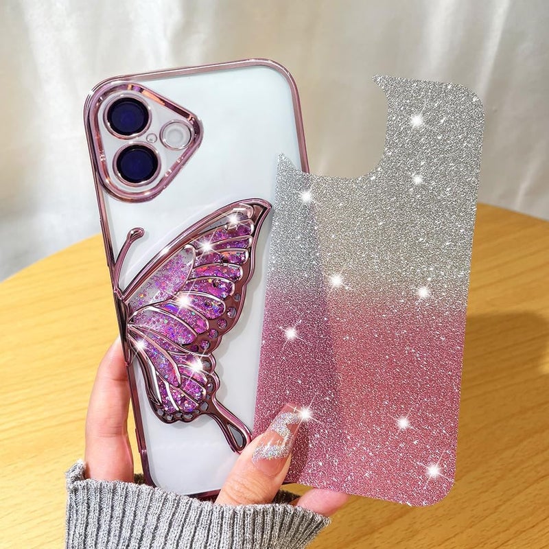 Mobistyle غطاء مصمم لآيفون 16 مع لمسة جليتر وتصميم فراشة لطيفة بتقنية الطلاء الكهربائي للنساء والفتيات المراهقات [سيليكون | وردي] - Image 5