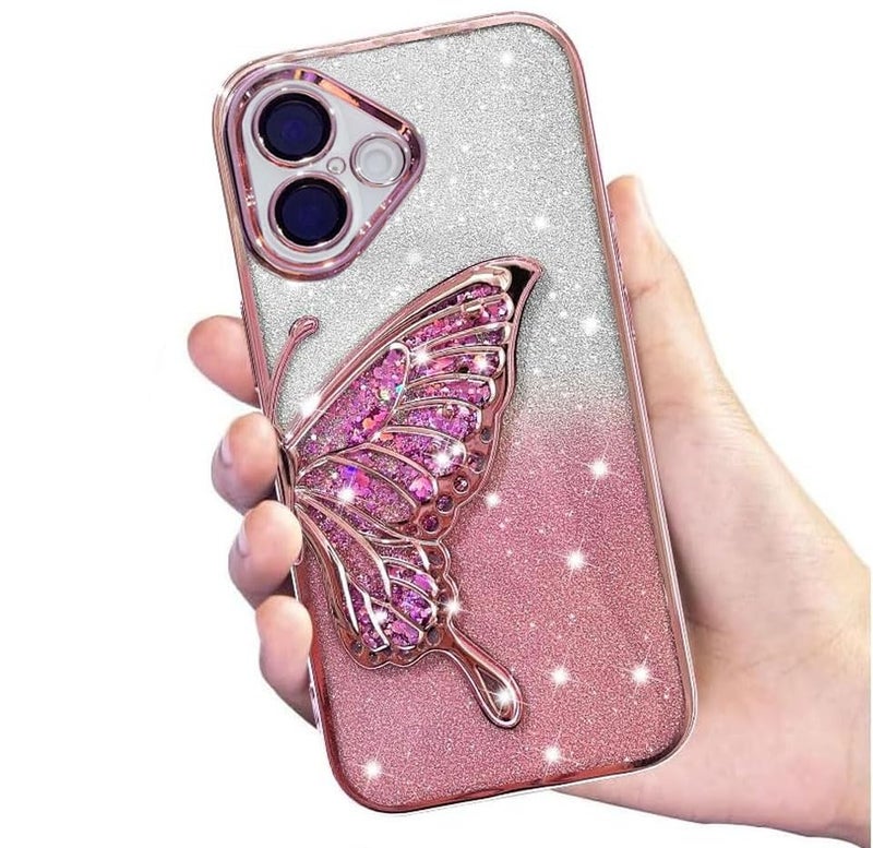 Mobistyle غطاء مصمم لآيفون 16 مع لمسة جليتر وتصميم فراشة لطيفة بتقنية الطلاء الكهربائي للنساء والفتيات المراهقات [سيليكون | وردي] - Image 1