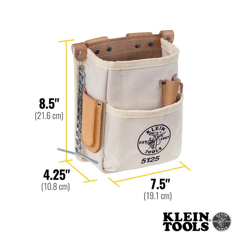 Klein Tools 5125 Canvas and Leather 5-Pocket Tool Pouch with Chain Tape Thong and Tunnel Belt Connection Beige - Image 3