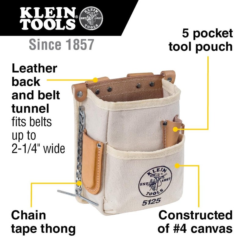 Klein Tools 5125 Canvas and Leather 5-Pocket Tool Pouch with Chain Tape Thong and Tunnel Belt Connection Beige - Image 2