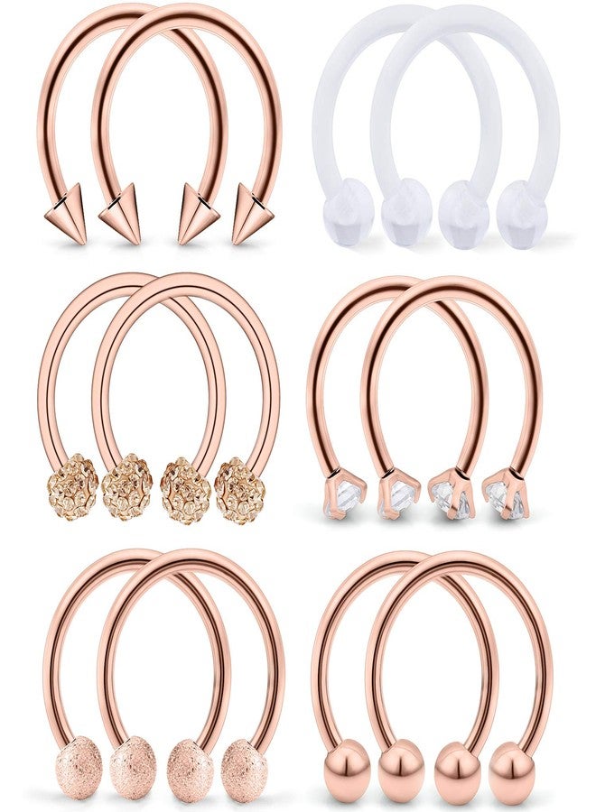 SCERRING 6 Pairs 16G 10mm Stainless Steel Nose Horseshoe Hoop Rings Eyebrow Lip Ear Tragus Cartilage Daith Septum Retainer Body Piercing Jewelry Clear CZ Rose Gold - Image 1