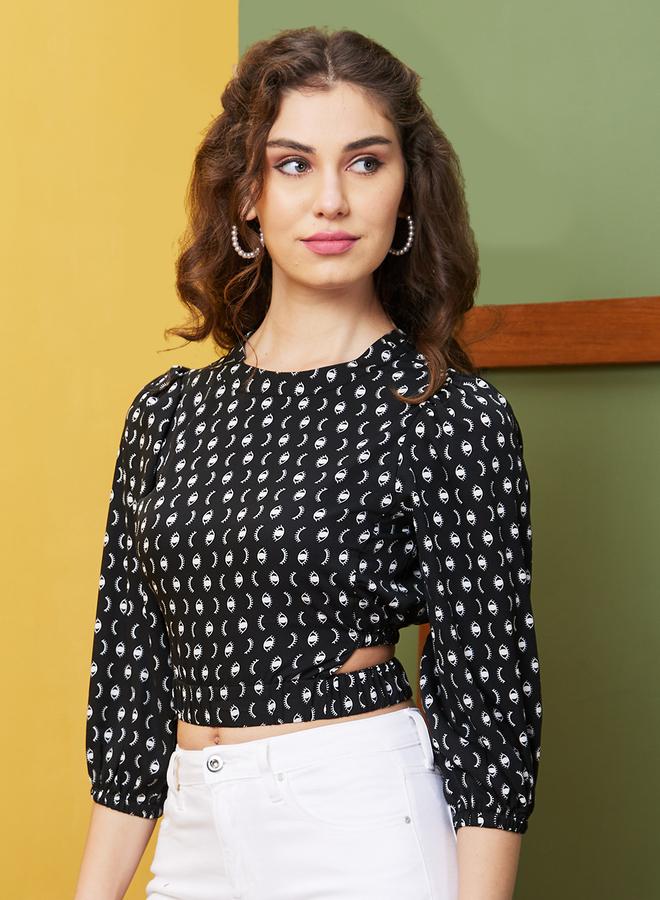 globus Abstract Print Round Neck Puff Sleeves Crop Top - Image 2