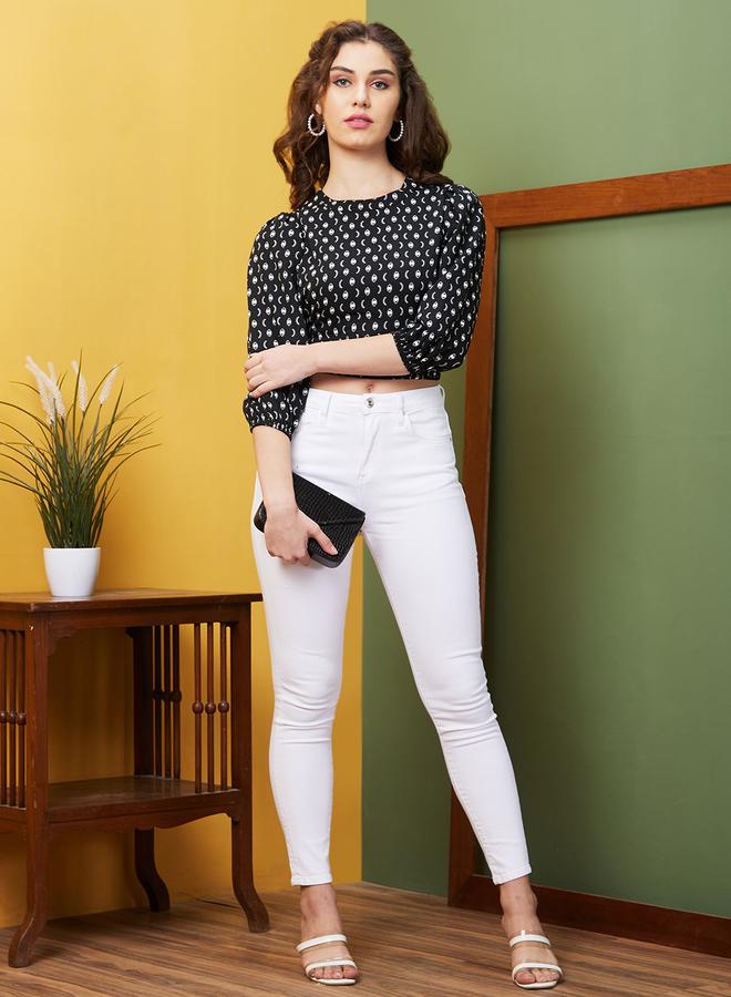 globus Abstract Print Round Neck Puff Sleeves Crop Top - Image 5