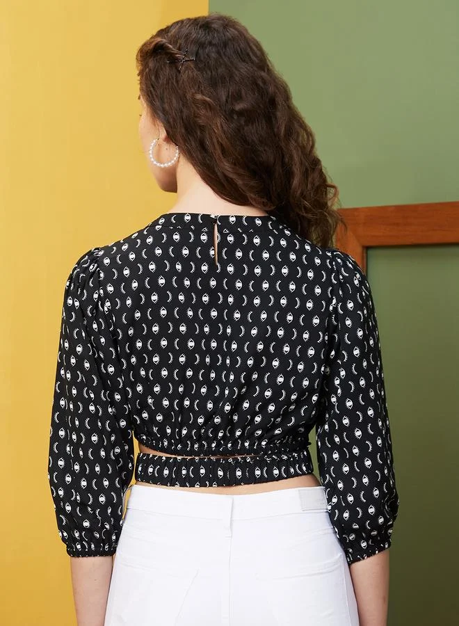 globus Globus Abstract Print Round Neck Puff Sleeves Crop Top