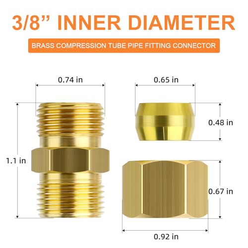 GASHER 20PCS Brass Compression Tube Pipe Fitting Connector 38 Tube OD x 38 Tube OD Connector - Image 3