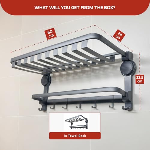 MIORAH India's First Suction Cup Towel Holder in Bathroom | Towel Rack for Bathroom | Towel Hangers | Suction Heavy Duty, No Drill, Accessories Set for Clothes | 24 Inch Grey - Image 2