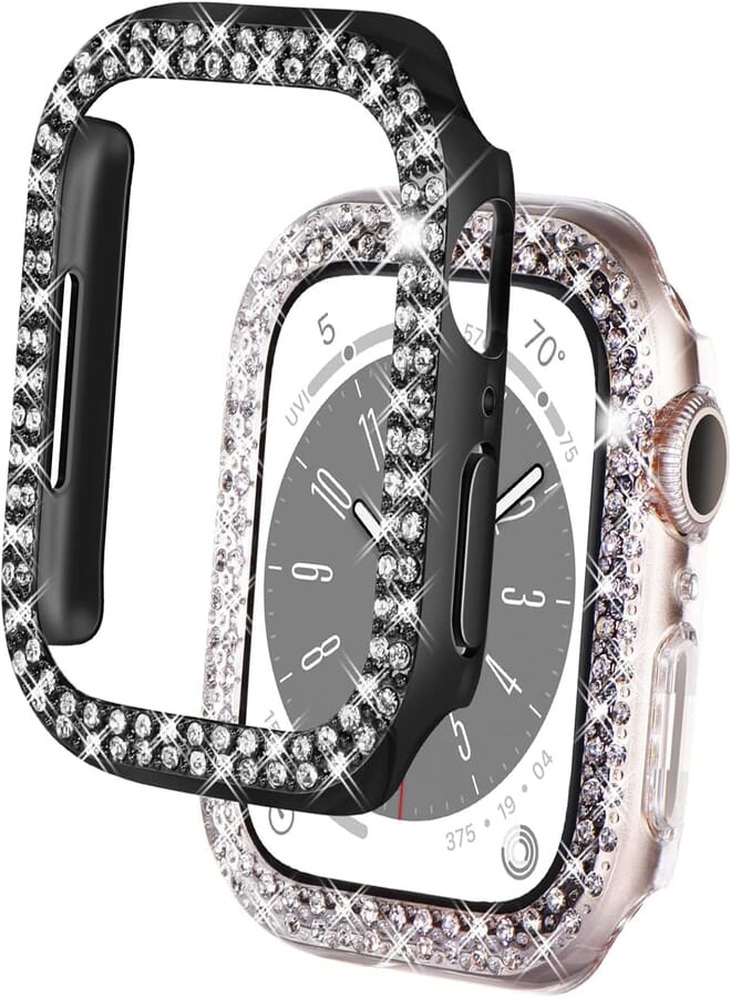 DEALELE 2-Pack Cases Compatible with Apple Watch 41mm 45mm, Bling 2-Rows Rhinestone Diamond Protective Case Cover Replacement for Series iWatch 9/8 / 7 Women Men (45mm, Black+Transparent)
