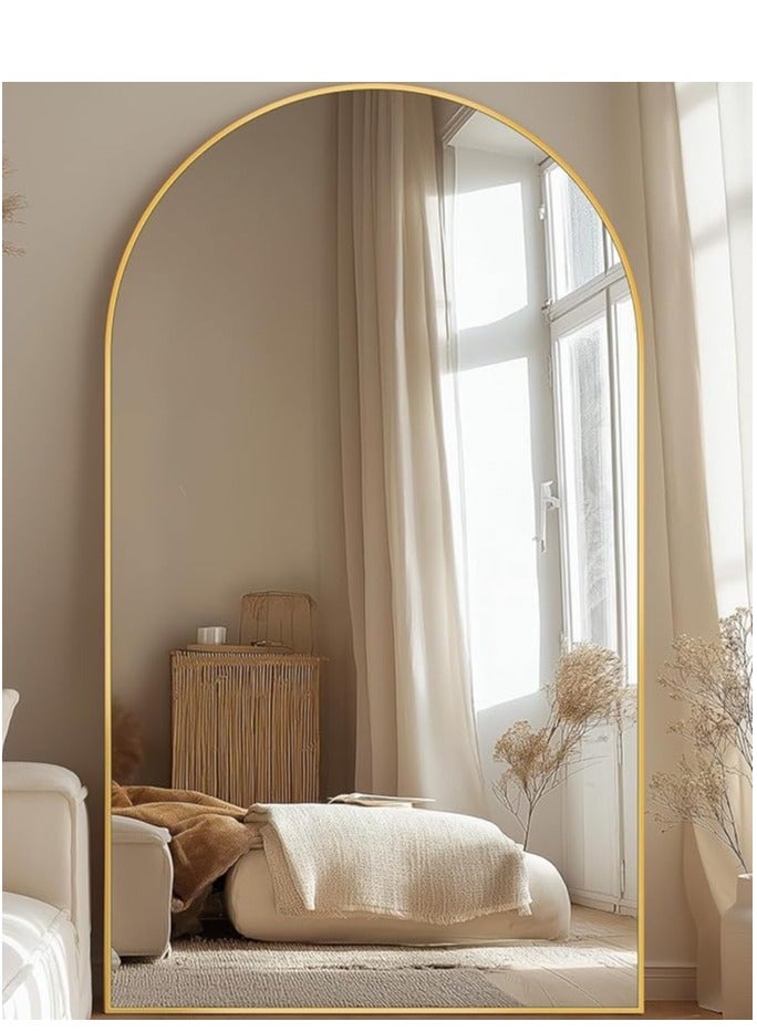 Vparty Arched Full-Length Mirror (190 x 110 cm), 76"x44" Gold, Aluminum Alloy Frame, HD Image, Shatterproof Mirror, U-Shaped Bracket, Standing, Leaning, or Wall-Mounted Vanity Mirror for Bedroom, Living Room, Stylish Full Body Mirror, Modern Home Décor Mirror, Elegant Decorative Mirror, Large Size, Versatile Mounting Options, Luxury Gold Framed Mirror, Decorative Wall Mirror, Functional and Stylish Mirror for Home - Image 1