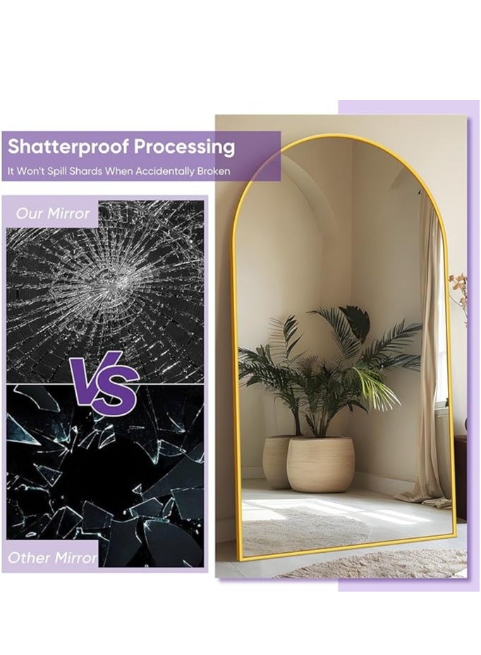 Vparty Arched Full-Length Mirror (190 x 110 cm), 76"x44" Gold, Aluminum Alloy Frame, HD Image, Shatterproof Mirror, U-Shaped Bracket, Standing, Leaning, or Wall-Mounted Vanity Mirror for Bedroom, Living Room, Stylish Full Body Mirror, Modern Home Décor Mirror, Elegant Decorative Mirror, Large Size, Versatile Mounting Options, Luxury Gold Framed Mirror, Decorative Wall Mirror, Functional and Stylish Mirror for Home - Image 5