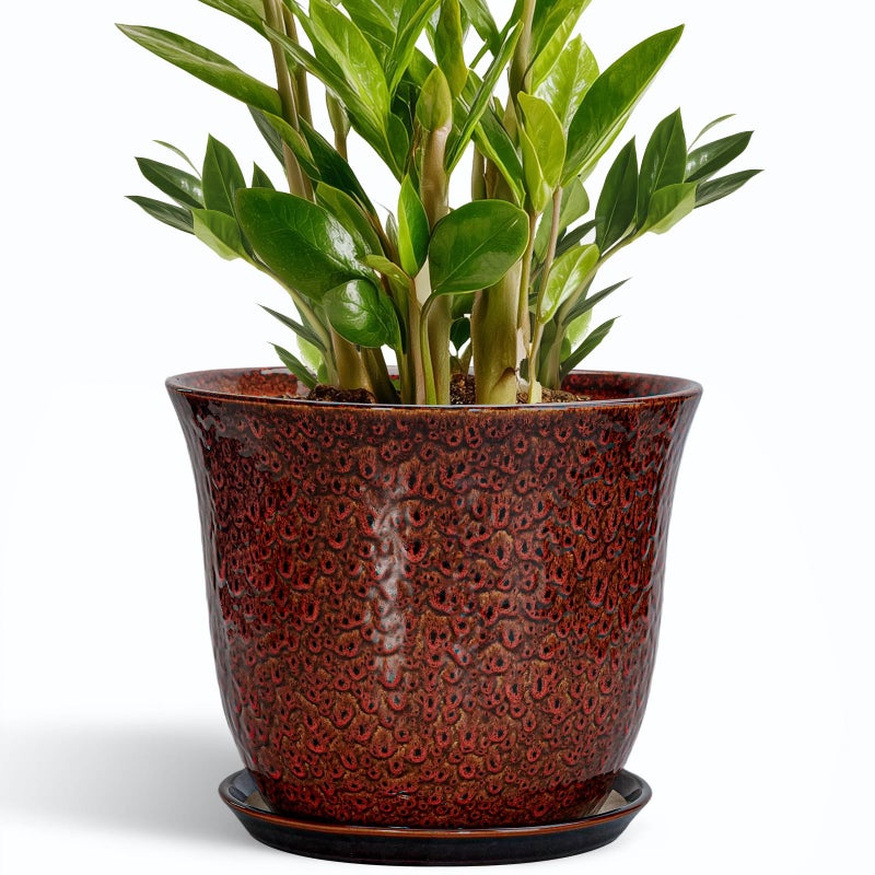 SUNPOTFOR 10 Inch Plant Pot - Ceramic Pots for Plants with Drainage Hole and Saucer, Round Flower Pot for Indoor Outdoor, Modern Ceramic Planter, Garden Room Home Decor, House Warming Gifts, Red - Image 1