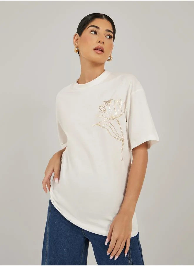 Styli Graphic Print Oversized Round Neck T-Shirt