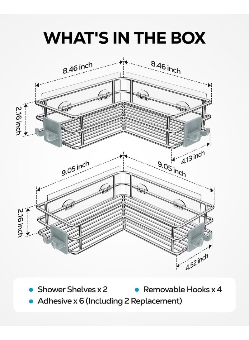 Nieifi Corner Shower Shelves Stainless Steel, Adhesive Shower Caddy Basket Rack with Hooks, Rust Proof for Bathroom Shelf Shampoo Holder (Silver, 2 Pack) - Image 3